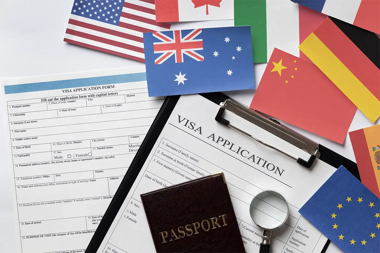 Visa application documents, passport, and travel paperwork